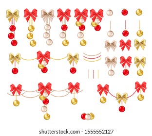 Christmas decorations large set of balls, bows and beads. Colorful vector illustration.