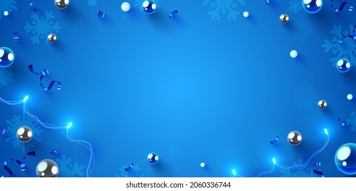 Christmas decorations layout garland and confetti. Winter, new year Holidays concept as top view, copyspace. Greeting card template. Vector illustration