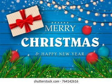 Christmas decorations. Merry Christmas. Green branches of a Christmas tree on a background of a tree with gifts and New Year's ornaments. Vector Eps10