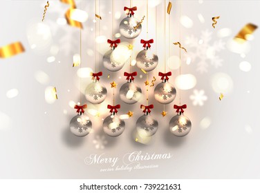 Christmas decorations | New Year blurred winter background with snowflakes, confetti,  bokeh and sparkles | Vector illustration