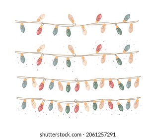 Decoraciones navideñas. Año Nuevo. Borde. Luces navideñas. Elemento vectorial aislado colorido sobre un fondo blanco. 