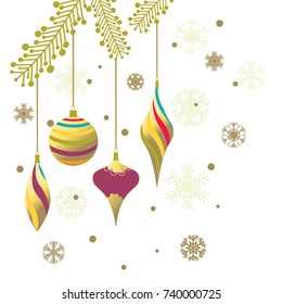 Christmas decorations. New Year. Celebration. Vector. Beautiful illustration. Ball. Icicle. Snowflake. Toys. Gold. Color. Background. Fir branch.