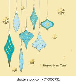 Christmas decorations. New Year. Celebration. Vector. Beautiful illustration. Ball. Icicle. Snowflake. Toys. Gold. Blue. Background.