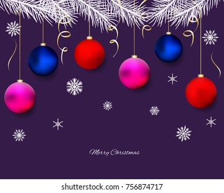 Christmas decorations. New Year. Celebration. Colored balls. Vector illustration. Winter. Tapes. Gold. Snowflakes. Fir tree. Holidays.