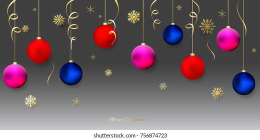 Christmas decorations. New Year. Celebration. Colored balls. Vector illustration. Winter. Tapes. Gold. Snowflakes. Holidays.