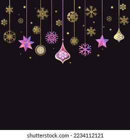 Christmas decorations. New Year. Holiday. Illustration. Snowflakes. Dark background. Decorations. Gold. Shine.