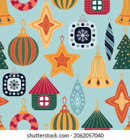 Christmas decorations. New Years design of fabric, packaging, gift paper. Seamless pattern.