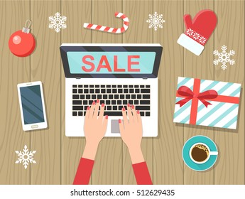 Christmas decorations with notebook. Christmas sale. Top view laptop,  mobile phone, hands,  cup of coffee. Vector flat illustration