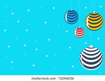 Christmas decorations on a blue background. Blank space for text.