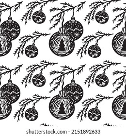 Christmas decorations on a branch. Black print on a white background. Hand printed print in abstract linocut style. Vector seamless pattern for fabric design, wrapping paper, postcards. Happy New Year