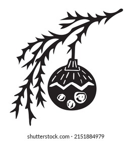 Christmas decorations on the branches of a Christmas tree. Black and white vector illustration in linocut style. Hand printed design for prints, postcards, stickers, greeting cards