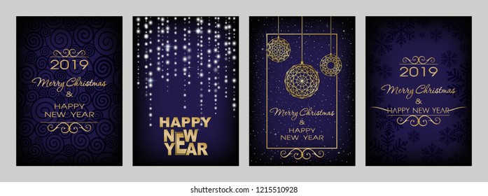 Christmas decorations on dark blue background. Merry Christmas and Happy New Year. Luminescent glow, snowflakes, stars, serpentine, shine 
garlands and christmas balls. Christmas set.