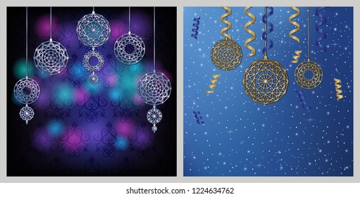 Christmas decorations on a dark blue background. Background for new year greeting card or invitation. Winter background with christmas pendants, snowflakes and serpentines.