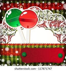 Christmas decorations on handmade knitted background.