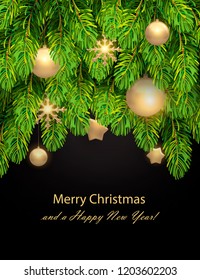 Christmas decorations on pine branches. Golden stars, snowflakes, balls and spruce fir tree. Winter Holiday xmas  backdrop. Christmas tree branches card template