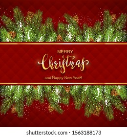 Christmas decorations on red background with fir tree branches, pine cones and snow. Golden lettering on red banner. Illustration can be used for holiday design, cards, invitations, postcards, banners