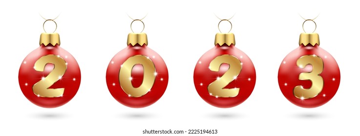 Christmas decorations on red Christmas balls. Numbers 2023 with golden gradient. Festive New Year banner, poster, greeting card. 3d realistic vector.