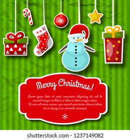 Christmas decorations on striped green background holiday postcard flat vector illustration