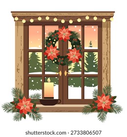 Christmas decorations on a vintage window in a weathered wooden frame. The window is decorated with a garland, a wreath and flowers of poinsettia and pine branches. A festively decorated window with a burning candle on a white background. Illustrated vector clipart. Hand draw no ai. Suitable for posters, cards, stickers, ceramics and more.
Technical details
Format - EPS 10 (fully scalable and editable)
Style - vector illustration with a hand-drawn feel
Theme - Christmas decor, rustic scenes.