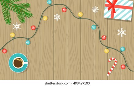 Christmas decorations on wooden background. Christmas banner. Vector flat illustration