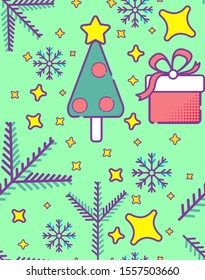 Christmas decorations outline vector seamless pattern. Christmas tree branch, gift with bow, stars, snowflakes. Winter season holidays, New Year linear symbols background. White Xmas tree toys on