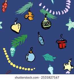 Christmas decorations pattern, colorful and funny. Vector graphic isolated, doodle, hand draw, with texture ink