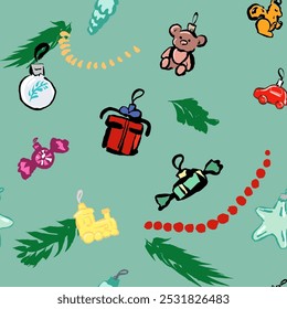 Christmas decorations pattern, Vector graphic isolated, doodle, hand draw, with texture ink