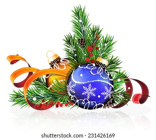 Christmas decorations with pine branches, cones and tinsel on white background