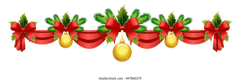Christmas decorations from pine branches, ribbons and holly
