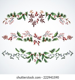 Christmas decorations from plants.  Watercolor. Christmas decor. Ideal for design Christmas gifts and scrapbooking. 