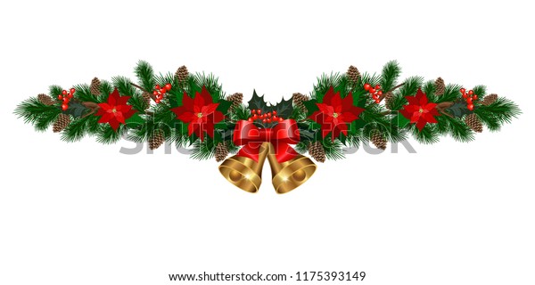 Christmas Decorations Poinsettia Bells Fir Tree Stock Vector