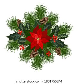 Christmas decorations with poinsettia, fir tree, pine cones, holly, berries and decorative elements. Design element for Christmas. Vector illustration