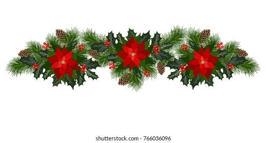 Christmas decorations with poinsettia, fir tree, pine cones, holly, berries and decorative elements. Design element for Christmas decoration. Vector illustration