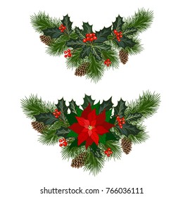 Christmas decorations with poinsettia, fir tree, pine cones, holly, berries and decorative elements. Design element for Christmas decoration. Vector illustration