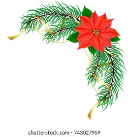 Christmas decorations - poinsettia with gold beads and tapes. Bright Christmas wreath.