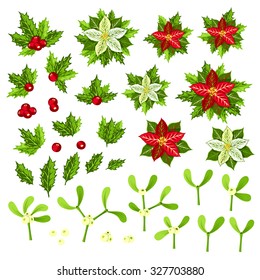 Christmas decorations: poinsettia, holly and mistletoe. Collection of winter holiday elements for your design.