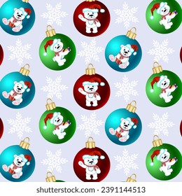 Decoraciones navideñas con osos polares.Patrón vectorial sin fisuras con osos polares en juguetes de árbol de Navidad en un fondo de color con copos de nieve.
