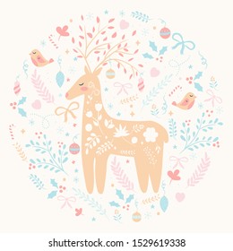 Christmas decorations postcard background with deer, birds, floral elements. Vector illustration.