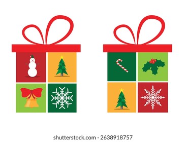 Christmas Decorations and Props in Square Present Box Set. New Year winter holidays shopping and gifts vector art