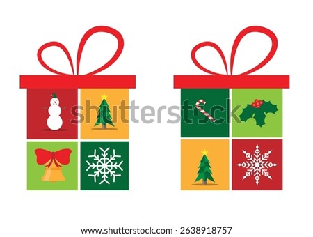 Christmas Decorations and Props in Square Present Box Set. New Year winter holidays shopping and gifts vector art