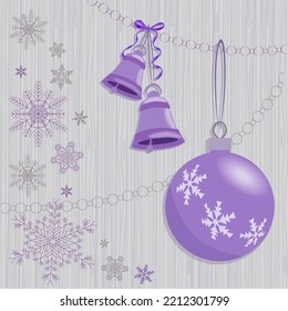 Christmas decorations, purple ball and bells, snowflakes, beads on light wooden background. Vector illustration