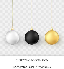 Christmas decorations. Realistic glossy xmas and new year tree decorations. Golden white and black traditional holiday realistic Christmas balls. Vector illustration