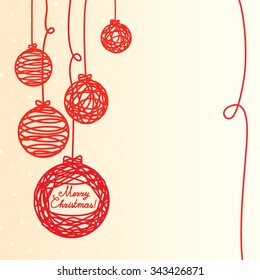 Christmas decorations, red balls of the lines on a light background, the inscription - Merry Christmas. Greeting card, vector