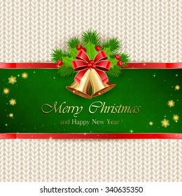 Christmas decorations with red bow, golden bells on green background, holly berry and fir tree branches on white knitted pattern, illustration.