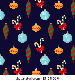 Christmas decorations with Red bow. Vector illustration on dark background. Seamless pattern. Can be used for design greeting card, invitation or banner. Flat design style. Swatch inside.