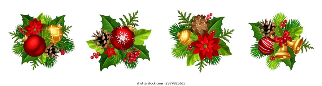 Christmas decorations with red and gold Christmas balls, fir branches, pinecones, poinsettia, and holly isolated on a white background. Set of vector illustrations. Hand-drawn illustration, not AI