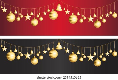 Christmas decorations. Red and gold and black vector banners set. Illustration.