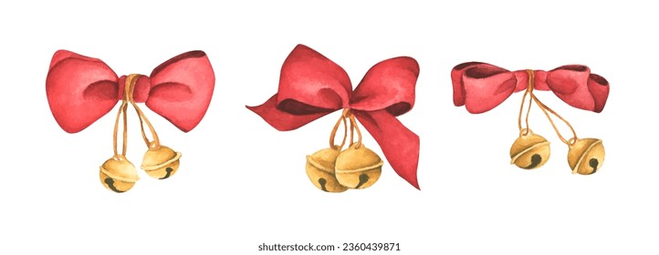 Christmas decorations - red ribbons and bells. Watercolor Christmas card for invitations, greetings, holidays and decor.