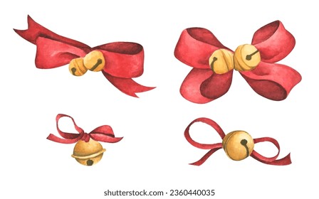 Christmas decorations - red ribbons and bells. Watercolor Christmas card for invitations, greetings, holidays and decor.