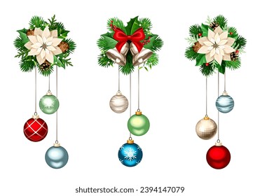 Christmas decorations with red, silver, blue, and green hanging Christmas balls, fir branches, bells, poinsettia flowers, and pine cones. Vector illustration. Hand-drawn illustration, not AI